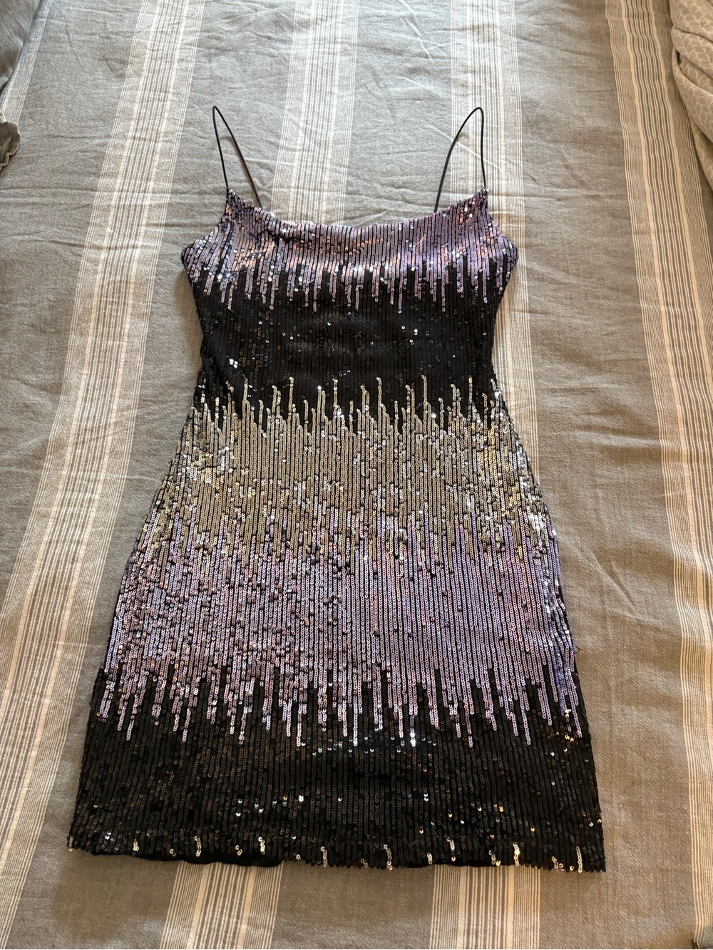 B Darlin Black, Silver & Lilac Sequin Spaghetti Strap Mini Dress